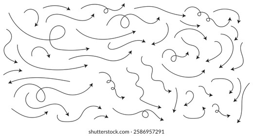 Hand drawn thin line arrows set. Many vector curvy and wavy arrows isolated on white background. Set of simple lines hand drawn black arrows in various style. Set of simple of hand drawn black arrows.