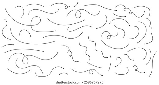 Hand drawn thin line arrows set. Many vector curvy and wavy arrows isolated on white background. Set of simple lines hand drawn black arrows in various style. Set of simple of hand drawn black arrows.