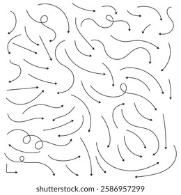 Hand drawn thin line arrows set. Many vector curvy and wavy arrows isolated on white background. Set of simple lines hand drawn black arrows in various style. Set of simple of hand drawn black arrows.