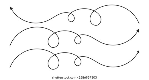 Hand drawn thin line arrows set. Many vector curvy and wavy arrows isolated on white background. Set of simple lines hand drawn black arrows in various style. Set of simple of hand drawn black arrows.