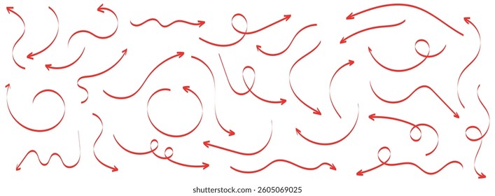  Hand drawn thin line arrows set. Arrow icon. Doodle arrow. Collection different arrows sign. Many vector curvy and wavy arrows. Red hand drawn doodle arrow set .
