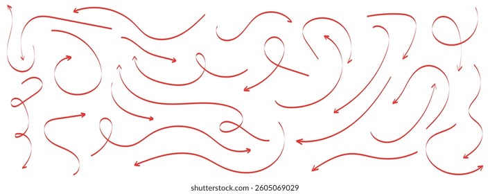  Hand drawn thin line arrows set. Arrow icon. Doodle arrow. Collection different arrows sign. Many vector curvy and wavy arrows. Red hand drawn doodle arrow set .