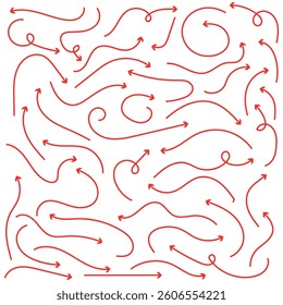  Hand drawn thin line arrows set. Arrow icon. Doodle arrow. Collection different arrows sign. Many vector curvy and wavy arrows. Red hand drawn doodle arrow set .