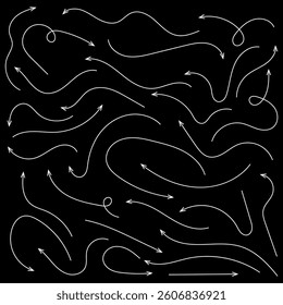 Hand drawn thin line arrows set. Arrow icon. Doodle arrow. Collection different arrows sign. Many vector curvy and wavy arrows. White hand drawn doodle arrow set .