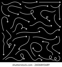  Hand drawn thin line arrows set. Arrow icon. Doodle arrow. Collection different arrows sign. Many vector curvy and wavy arrows. White hand drawn doodle arrow set .