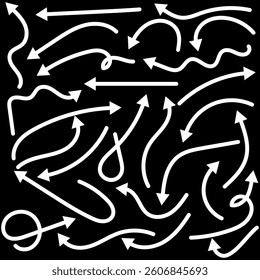  Hand drawn thin line arrows set. Arrow icon. Doodle arrow. Collection different arrows sign. Many vector curvy and wavy arrows. White hand drawn doodle arrow set .
