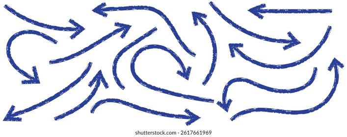 Hand drawn thin line arrows set. Arrow icon. Doodle arrow. Collection different arrows sign.   curvy and wavy arrows. Blue hand drawn doodle arrow set .