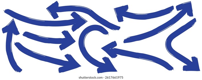 Hand drawn thin line arrows set. Arrow icon. Doodle arrow. Collection different arrows sign.   curvy and wavy arrows. Blue hand drawn doodle arrow set .