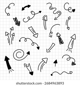 Hand drawn thin line arrows set. Vector doodle design elements isolated on white background.