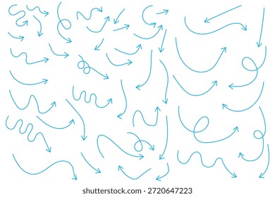 Conjunto de flechas de línea delgada dibujadas a mano. Muchas flechas curvas de Vector sobre fondo blanco