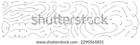 Hand drawn thin line arrows set. Many vector curvy and wavy arrows isolated on white background.