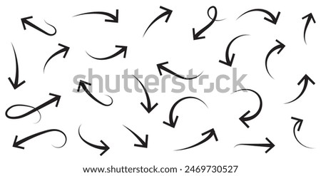 Hand drawn thin line arrows set. Many vector curvy and wavy arrows isolated on white background.