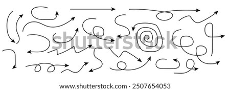 Hand drawn thin line arrows set. Arrow icon.  Doodle arrow. Collection different arrows sign. Many vector curvy and wavy arrows isolated on white background.