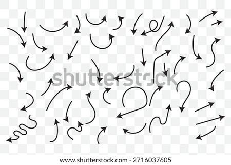 Hand drawn thin line arrows set. Many vector curvy arrow set on white background