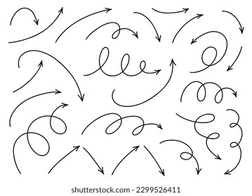 Hand drawn thin line dinamic arrows set. Vector design elements isolated on white background.