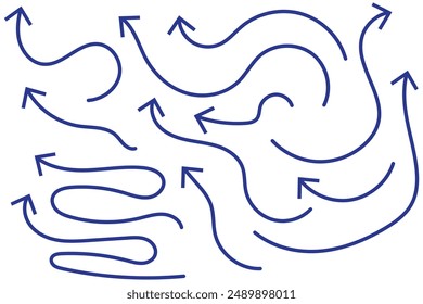 Hand drawn thin line dinamic arrows set. Vector design elements isolated on white background.