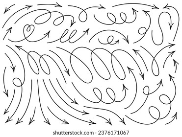 Hand drawn thin line dynamic arrows set. Vector black design elements isolated on white background.