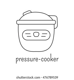 Hand drawn thin line icon, vector logo template illustration. Pressure cooker isolated symbol. Black on white pictogram. Simple mono linear modern design.