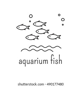 Hand Drawn Thin Line Icon, Vector Logo Template Illustration. Aquarium Care Isolated Symbol. Flock Of Fish. Black On White Pictogram. Simple Mono Linear Modern Design.