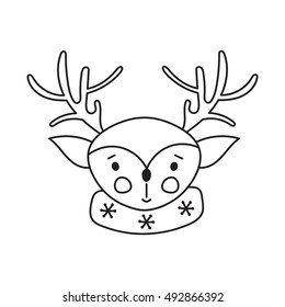 Hand drawn thin line icon, vector logo template illustration. Winter holiday decoration, Rudolf deer. New Year and Christmas isolated symbol. Black on white pictogram. Simple mono linear design.