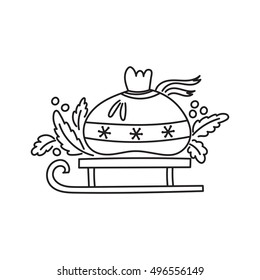 Hand drawn thin line icon, vector logo template illustration. Winter holiday decoration, sledge and bag with gifts. New Year and Christmas isolated symbol. Black on white. Simple mono linear design.