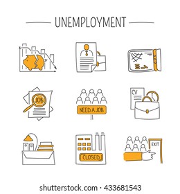 Hand drawn thin line icons set, vector illustration. Unemployment and crisis isolated pictograms. Simple mono linear modern design.