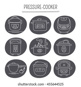 Hand drawn thin line icons set, vector illustration. Pressure cookers. Isolated symbols. White on black pictograms. Simple mono linear modern design.