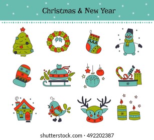 Hand drawn thin line icons set, vector illustration. Winter holiday decorations. New Year and Christmas. Isolated colored symbols, pictograms. Simple mono linear modern design.