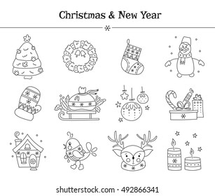Hand drawn thin line icons set, vector illustration. Winter holiday decorations. New Year and Christmas. Isolated symbols, pictograms. Black on white design. Simple mono linear modern design.