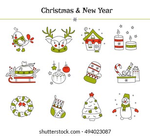 Hand drawn thin line icons set, vector illustration. Winter holiday decorations. New Year and Christmas. Isolated colored symbols, pictograms. Simple mono linear modern design.