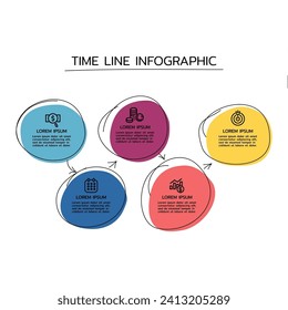 Hand drawn thin line infographic design with step and financial icons for Business process steps with 5 options.
