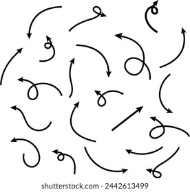 Hand drawn thin line vector arrow set .curvy and wavy arrows isolated on white background. 