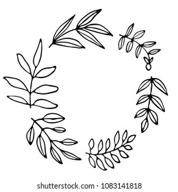 Hand drawn thin line wreath with leaves and branches. Vector illustration.