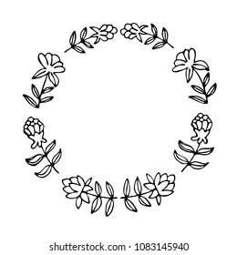 Hand drawn thin line wreath with flowers in circle. Floral round frame. Vector illustration.