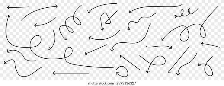 Hand drawn thin lines arrows collection. Vector illustration isolated on transparent background