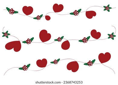 Hand drawn Thin lines doodle heart Merry Christmas red holly ornaments, Christmas Red hearts together Calligraphy Scroll holiday decorative elements for Wedding greeting cards invitation card