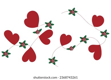 Hand drawn Thin lines doodle heart Merry Christmas red holly ornaments, Christmas Red hearts together Calligraphy Scroll holiday decorative elements for Wedding greeting cards invitation card