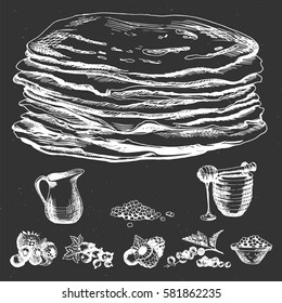 Hand drawn thin pancake. Moscow pancake. Menu for restaurant.