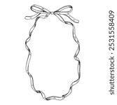 A hand drawn thin ribbon and bow create a beautiful oval border for a greeting card. The detailed vector illustration, perfect for birthdays or weddings, offers a blank space for text