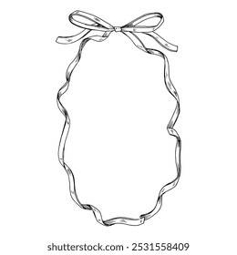 A hand drawn thin ribbon and bow create a beautiful oval border for a greeting card. The detailed vector illustration, perfect for birthdays or weddings, offers a blank space for text