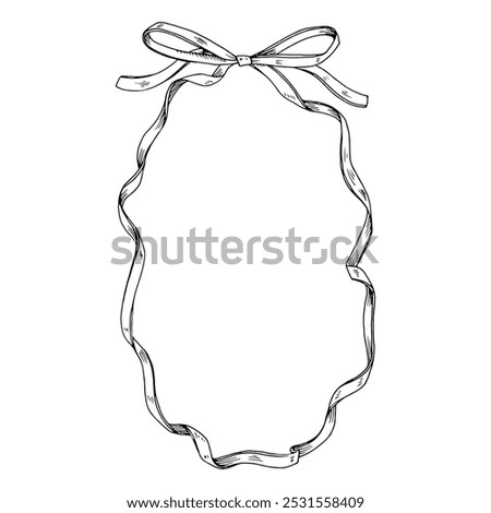 A hand drawn thin ribbon and bow create a beautiful oval border for a greeting card. The detailed vector illustration, perfect for birthdays or weddings, offers a blank space for text