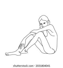 Hand drawn thin woman is sitting line art. Bareboned woman body silhouette. Outline drawing female feel ashamed of her body. Abstract minimalistic linear sketch.  Body positive vector illustration