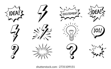 Hand drawn thought bubbles lightning bolts question marks and light bulbs design