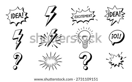 Hand drawn thought bubbles lightning bolts question marks and light bulbs design