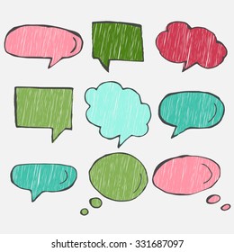 Hand drawn thought and speech bubbles and balloons. Blank empty white speech bubbles. Speech bubble icons. Think cloud symbols. Sketch hand drawn bubble speech. Cartoon talking bubbles.