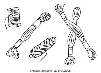 Hand drawn thread spool and skein set isolated on white background Vector sewing supply illustration for craft and handmade design, concept of tailoring and hobby