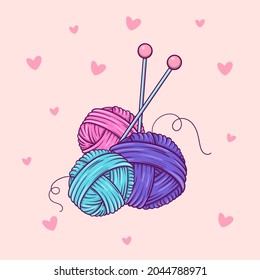 Hand drawn three balls of yarn and needles in doodle style on pink background with hearts