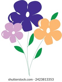 hand drawn three beautiful colorful flowers on a white background