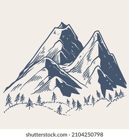 Hand drawn of three big rock Mountain with small pine trees in the mountains. Perfect for banner, poster and sticker.