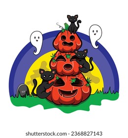 Hand drawn three black cats, halloween fun, cartoon and funny, scary characters, three big orange pumpkins one on another and white spooky ghosts